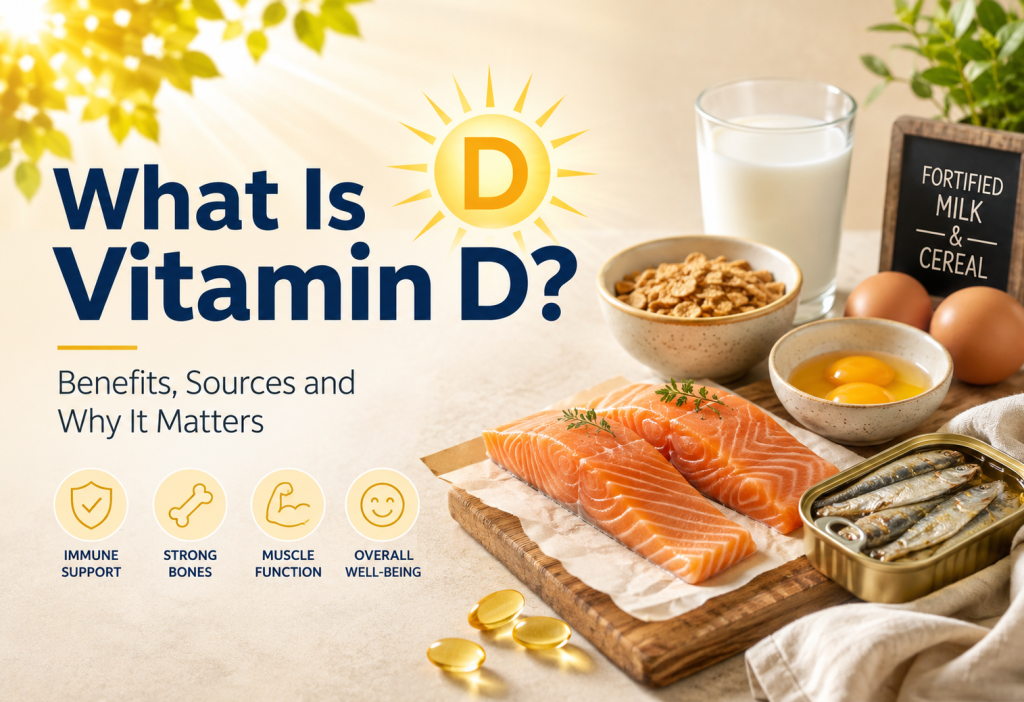 Vitamin D sources including sunlight, oily fish, eggs and fortified foods