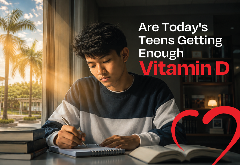 Malaysian teenagers outdoors with vitamin D-rich foods such as salmon, eggs, mushrooms and fortified milk