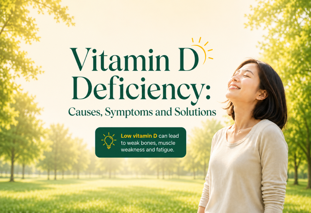 Woman enjoying sunlight outdoors with Vitamin D deficiency causes, symptoms and solutions