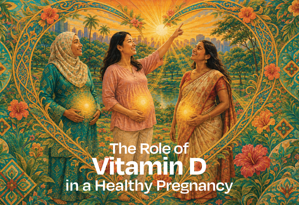 Pregnant woman with vitamin D-rich foods and prenatal supplements
