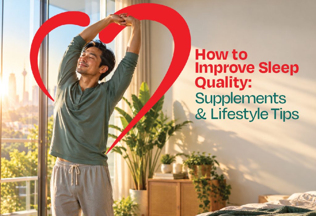 Man stretching after waking up in a bright bedroom, illustrating lifestyle habits and supplement considerations for improving sleep quality.