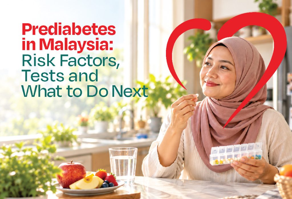 Woman at home with healthy fruit and a pill organiser, illustrating prediabetes risk factors, testing and practical next steps in Malaysia.