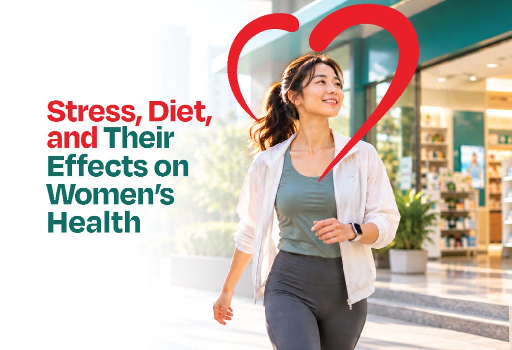 Active woman walking outdoors near a pharmacy, illustrating the effects of stress and diet on women’s health and overall wellbeing.