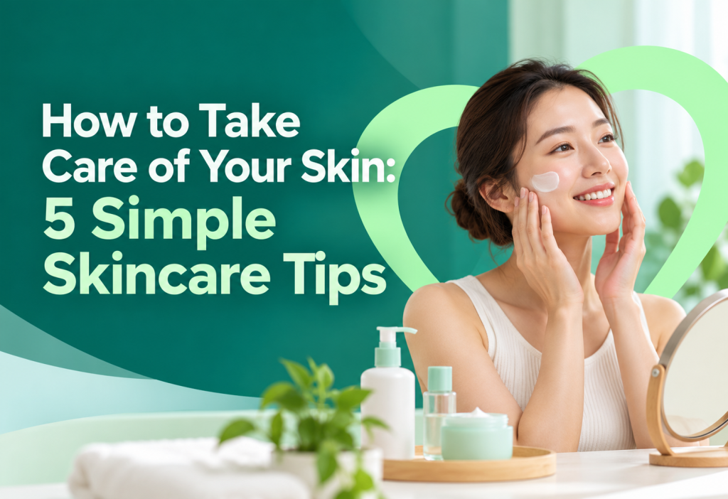 Woman applying moisturiser to her face beside skincare products, illustrating five simple tips for taking care of healthy skin.
