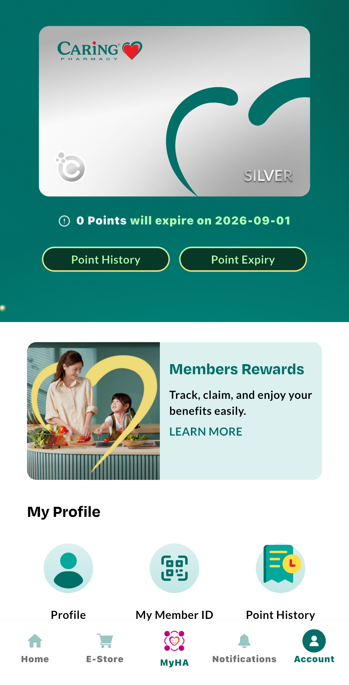 CARiNG Membership App Point History screen