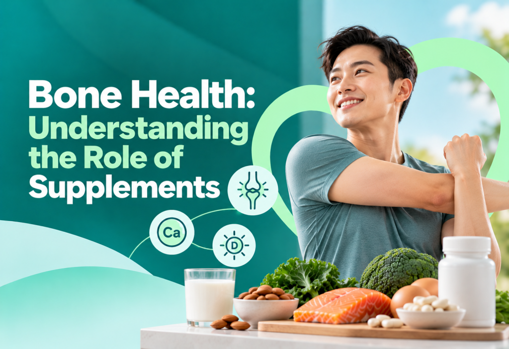 Calcium, vitamin D and vitamin K supplements with bone-healthy foods for maintaining strong bones