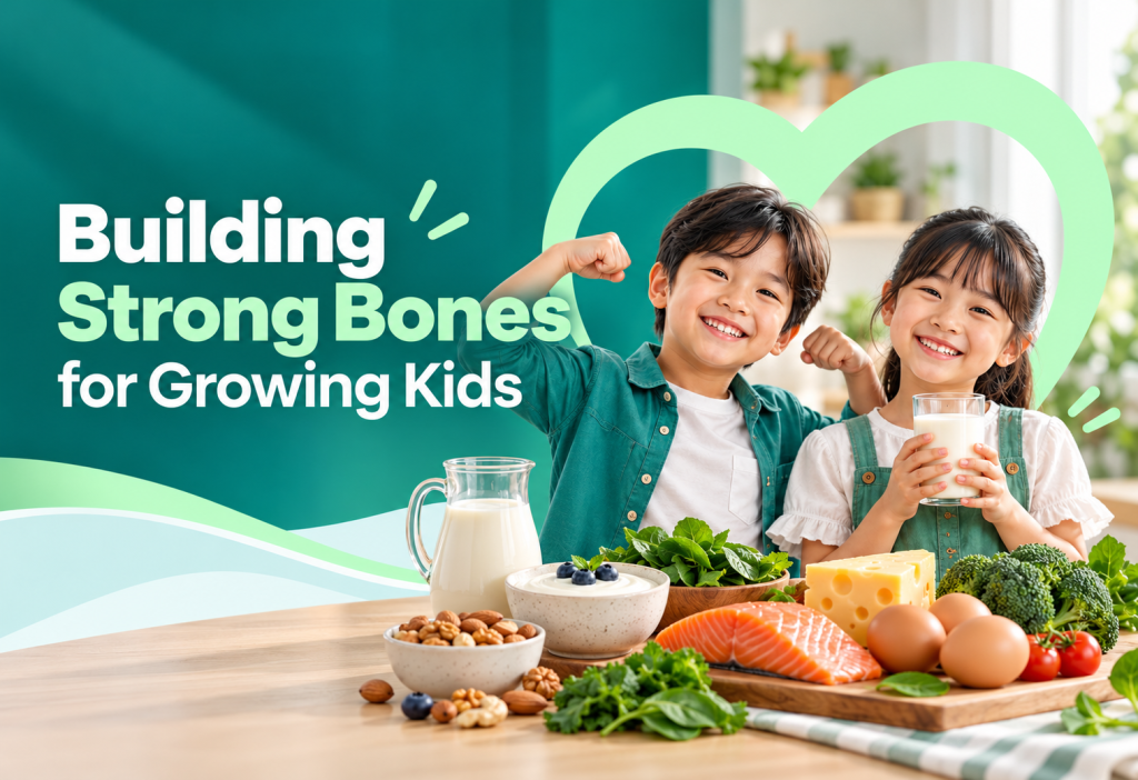 Children building strong bones through calcium-rich foods, vitamin D and active play