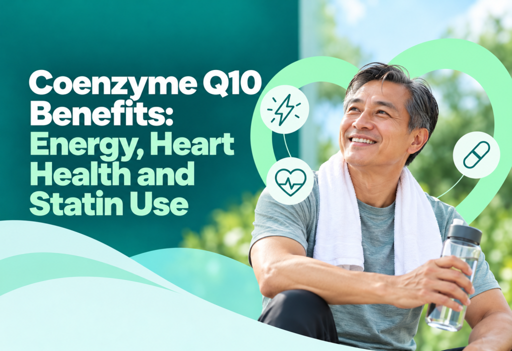 Coenzyme Q10 supplement supporting cellular energy heart health and people taking statin medicines