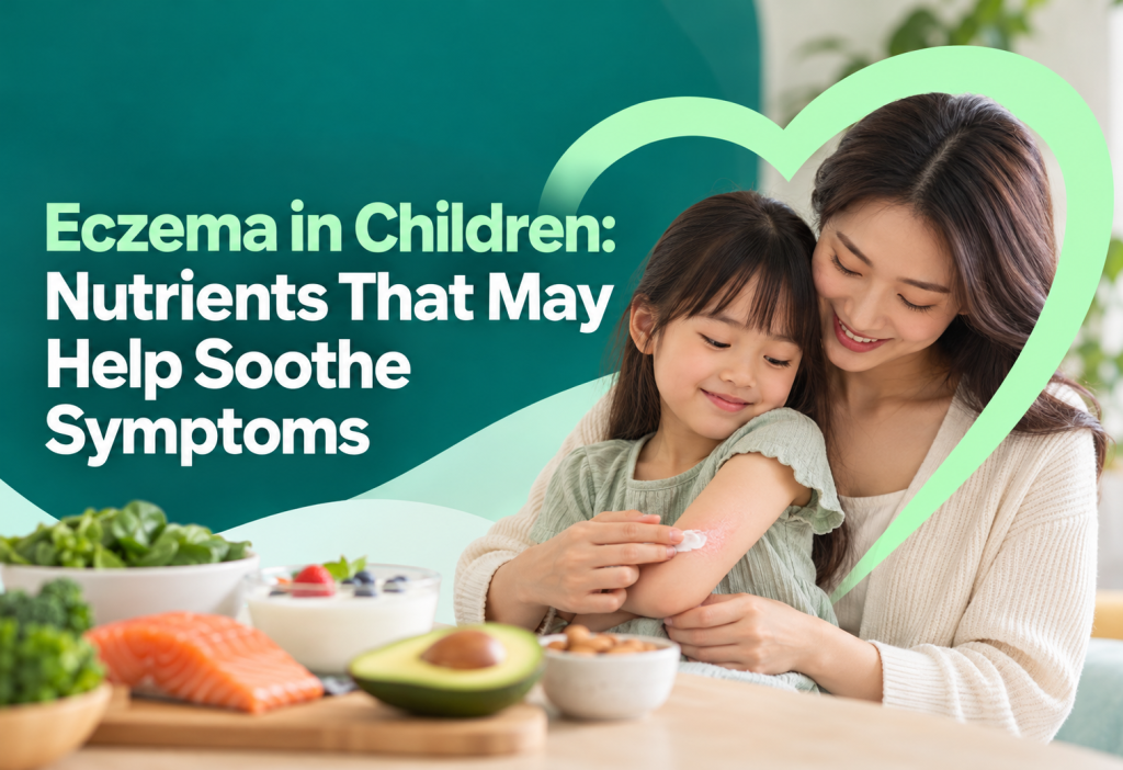 Mother applying cream to a child’s irritated arm beside nutrient-rich foods, illustrating eczema in children and nutrients that may support skin health.