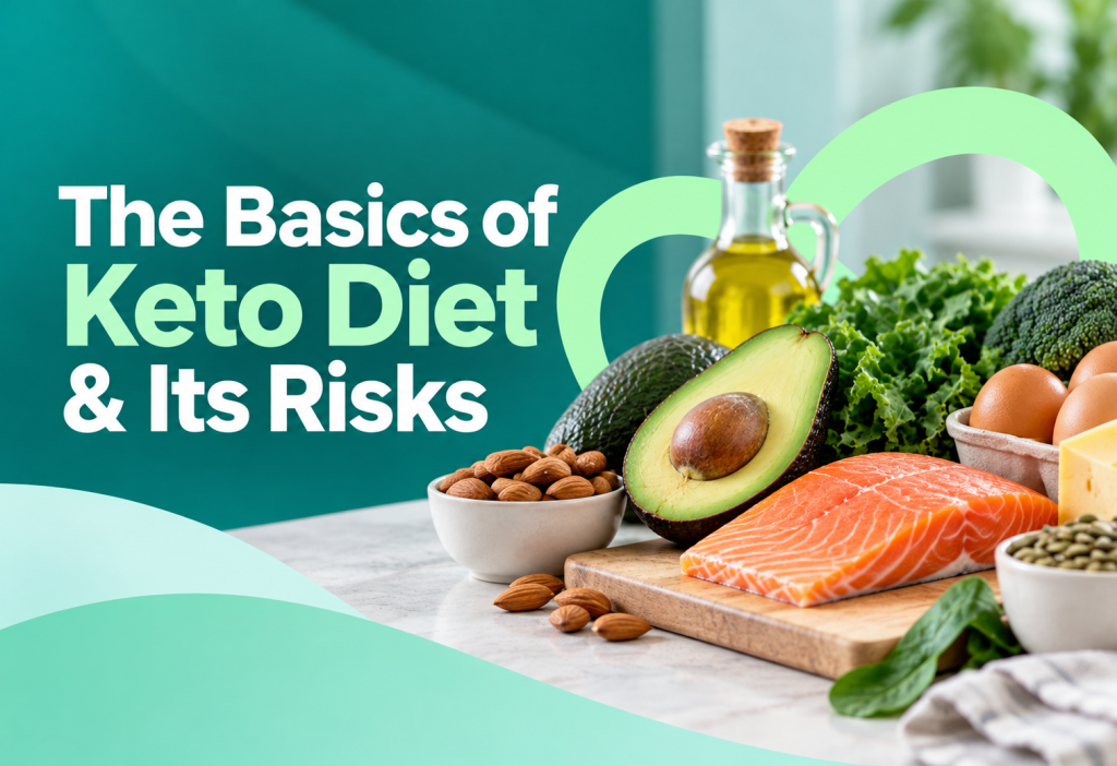 Low-carbohydrate keto foods with healthy fats, vegetables, eggs and protein illustrating keto diet benefits and risks