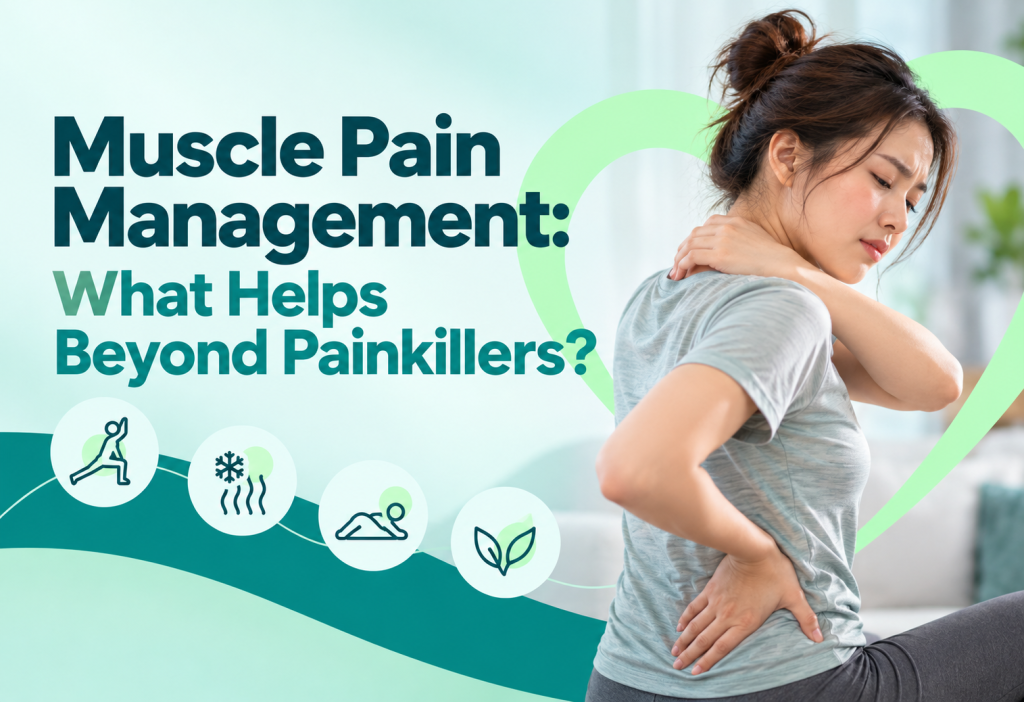 Adult managing muscle pain with stretching and heat therapy as alternatives alongside pain relief