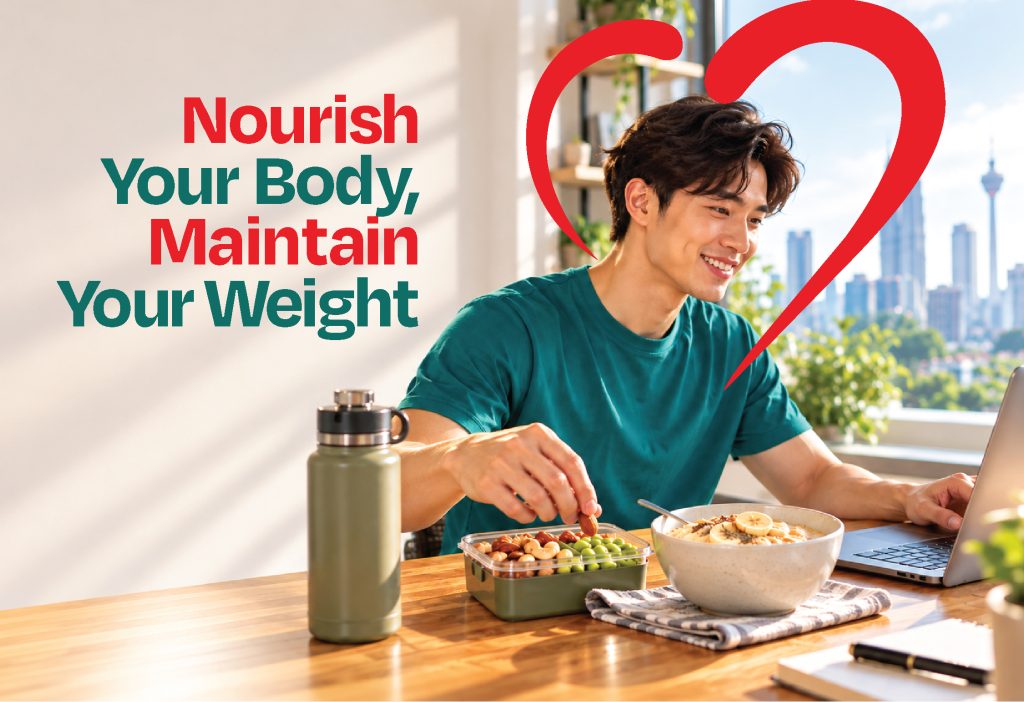 Balanced Malaysian Healthy Plate with whole grains, protein, vegetables and fruit for healthy weight maintenance