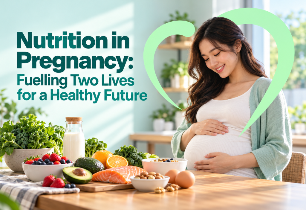 Pregnant woman with nutritious foods supporting folic acid iron calcium vitamin D and healthy pregnancy nutrition