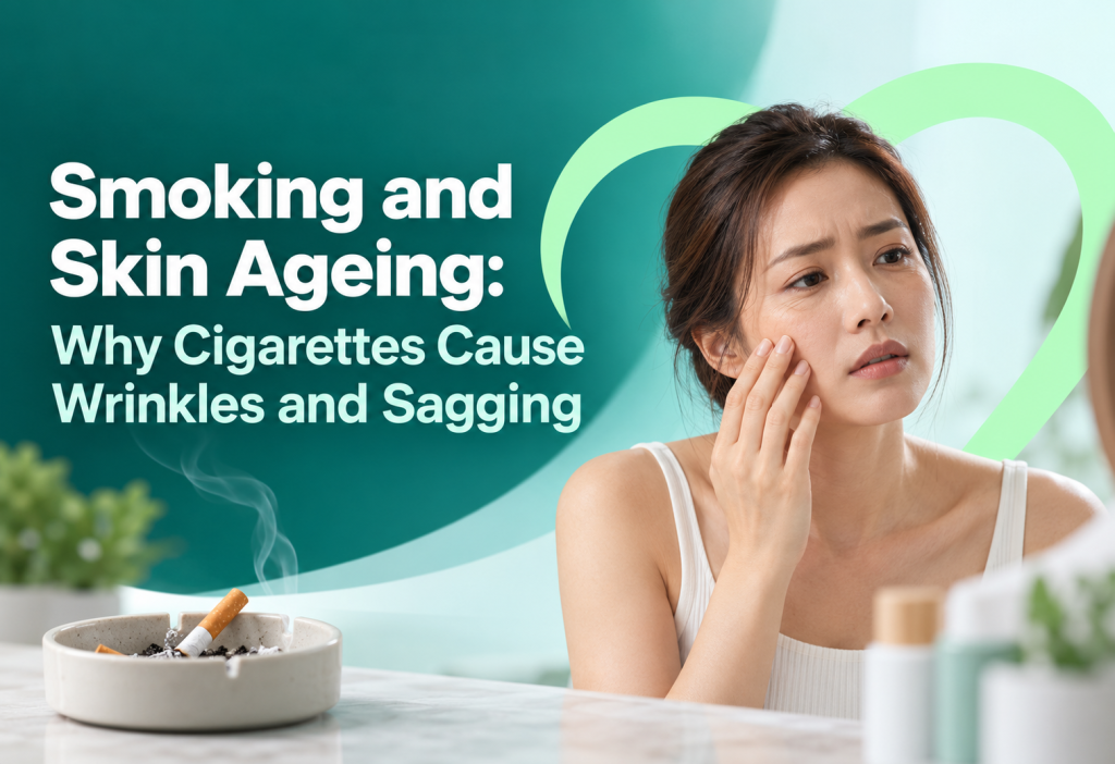 Woman examining facial wrinkles in a mirror beside a cigarette in an ashtray, illustrating how smoking can contribute to premature skin ageing and sagging.