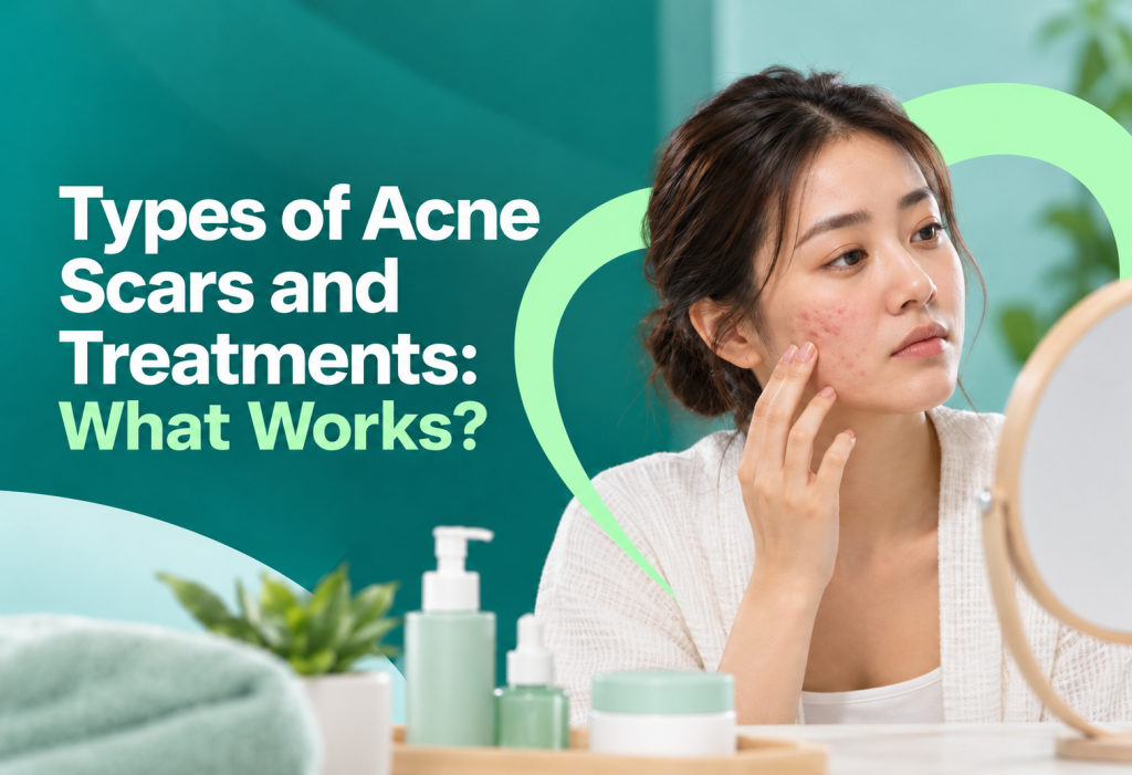 Woman examining acne scars on her cheek in a mirror, illustrating common types of acne scars and available treatment options.