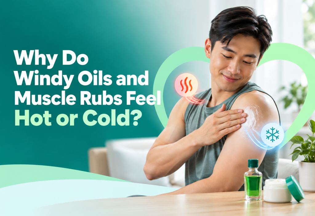 Windy oil and muscle rub applied to sore muscles to explain why topical pain relievers can feel hot or cold